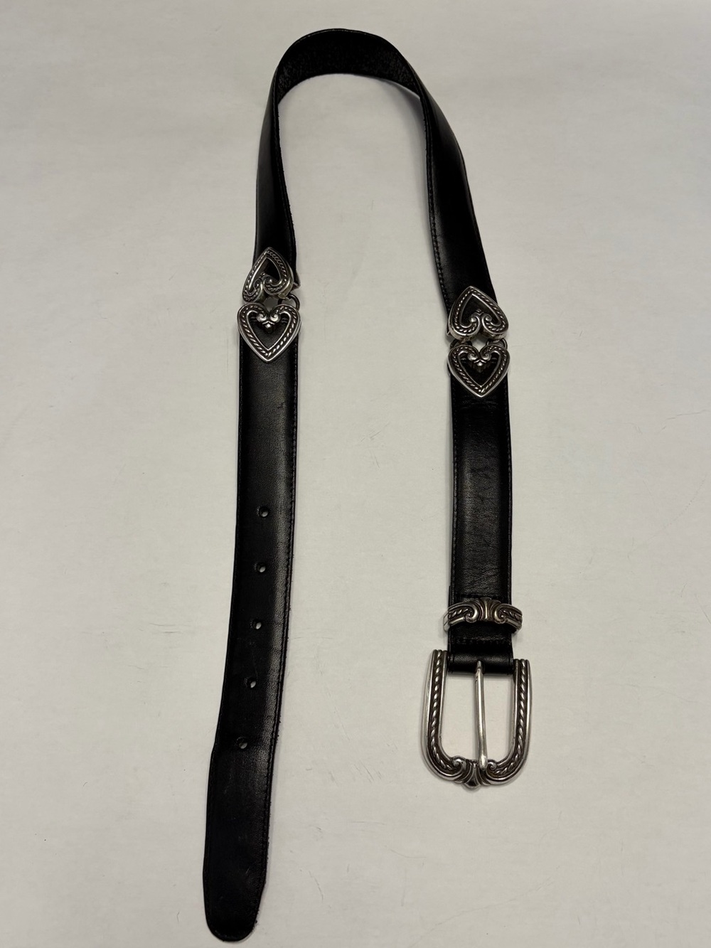 Vintage Brighton Black Leather Heart Belt Silver Hardware Western Boho USA Made